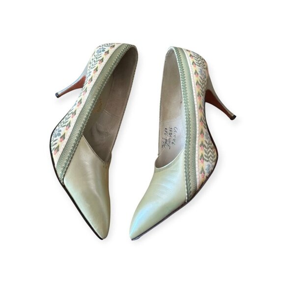 Vintage I. Miller Pumps 7.5B –Green Pearlized Leather & Floral Tapestry, 1950s - Picture 3 of 15